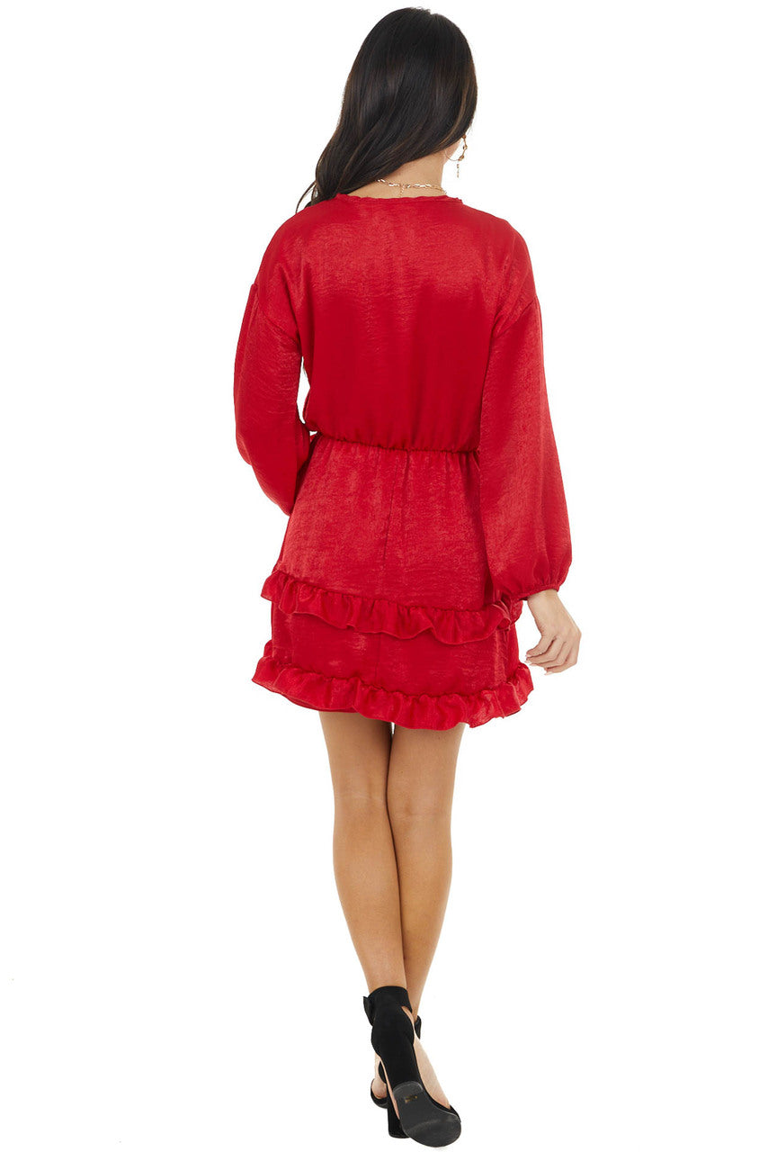 Cherry Surplice Ruffled Satin Mini Dress with Elastic Waist