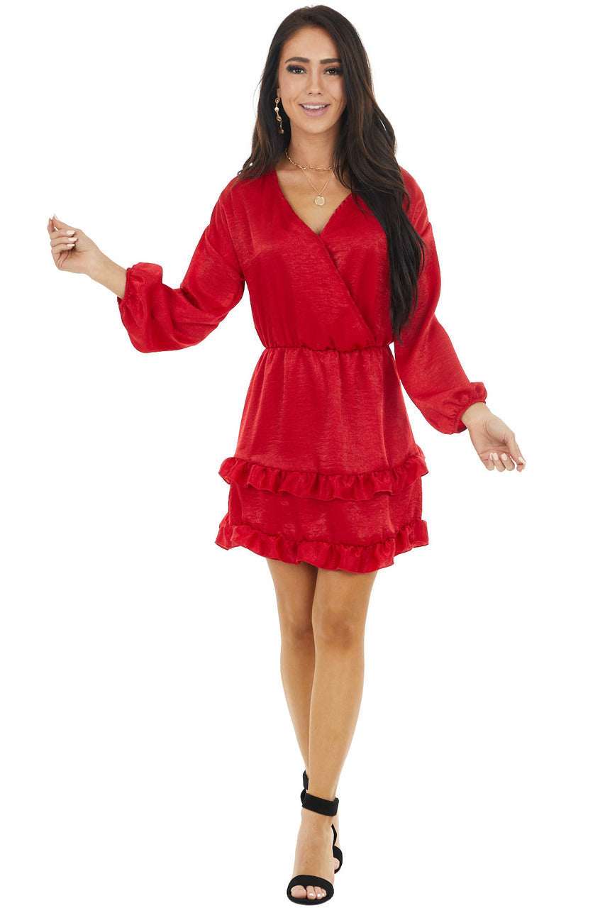 Cherry Surplice Ruffled Satin Mini Dress with Elastic Waist