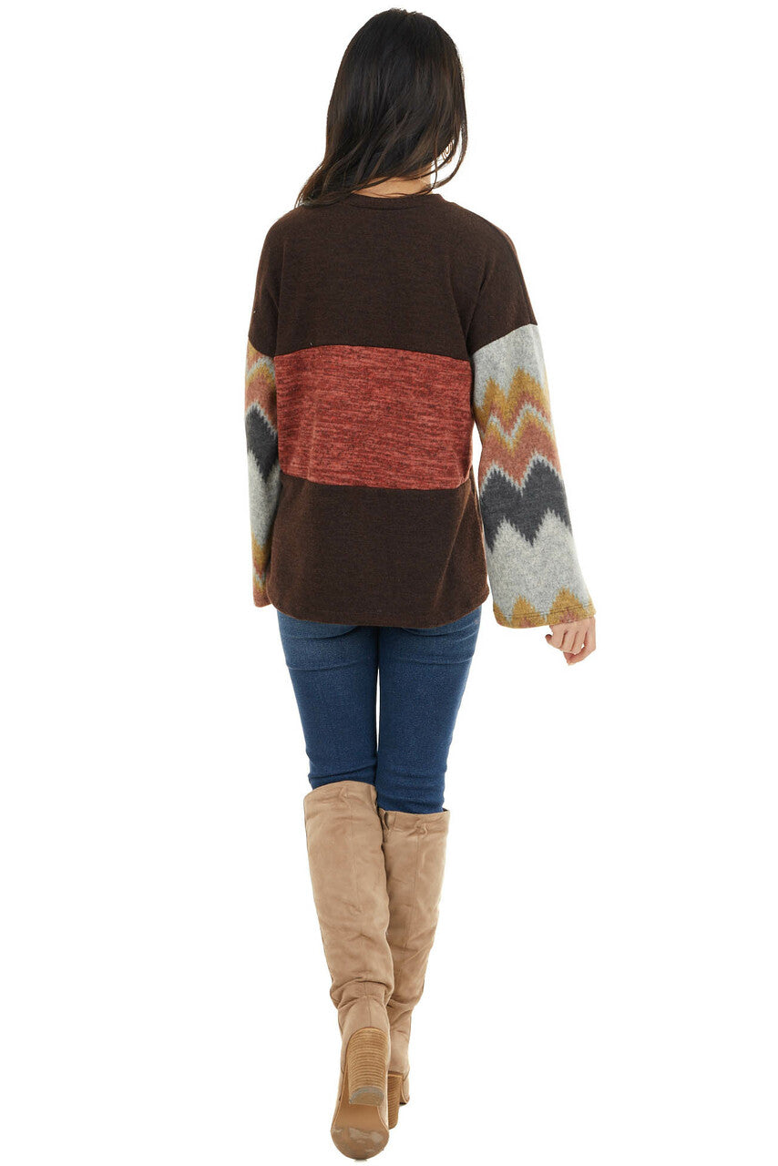 Chocolate Brown and Marsala Knit Top with Aztec Print Sleeve