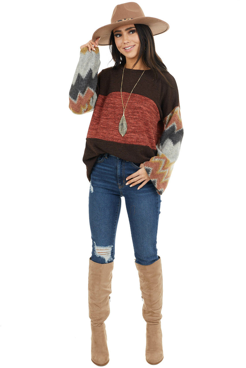 Chocolate Brown and Marsala Knit Top with Aztec Print Sleeve