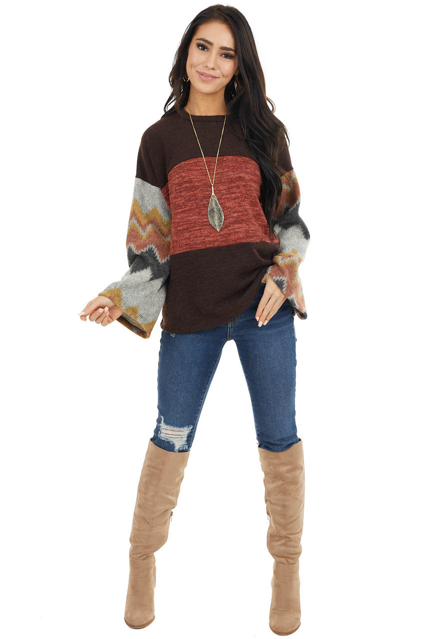 Chocolate Brown and Marsala Knit Top with Aztec Print Sleeve