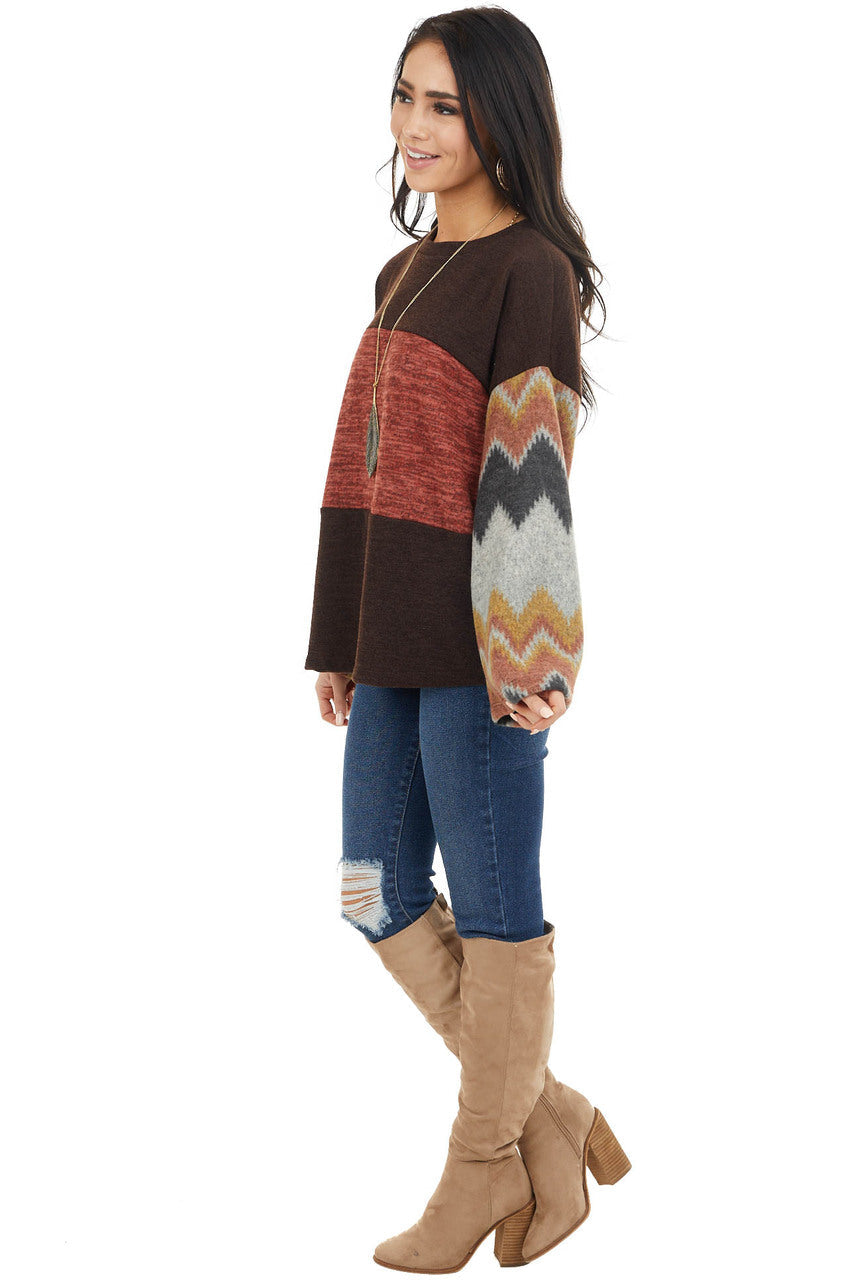 Chocolate Brown and Marsala Knit Top with Aztec Print Sleeve