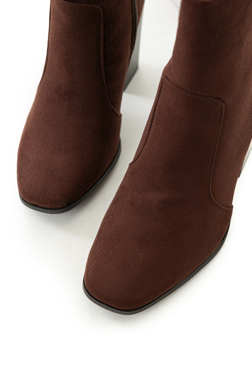 Chocolate Stacked High Heel Faux Suede Booties