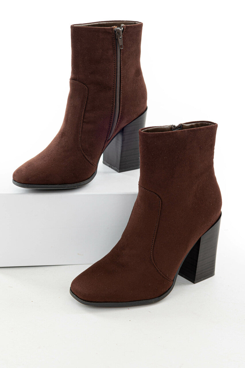 Chocolate Stacked High Heel Faux Suede Booties