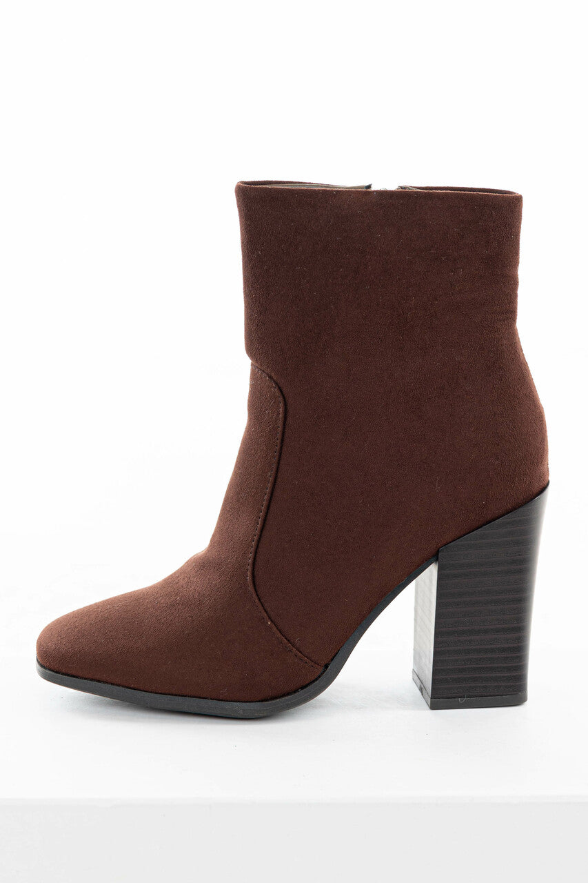 Chocolate Stacked High Heel Faux Suede Booties