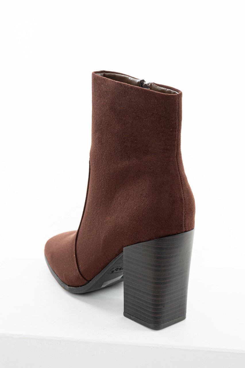 Chocolate Stacked High Heel Faux Suede Booties