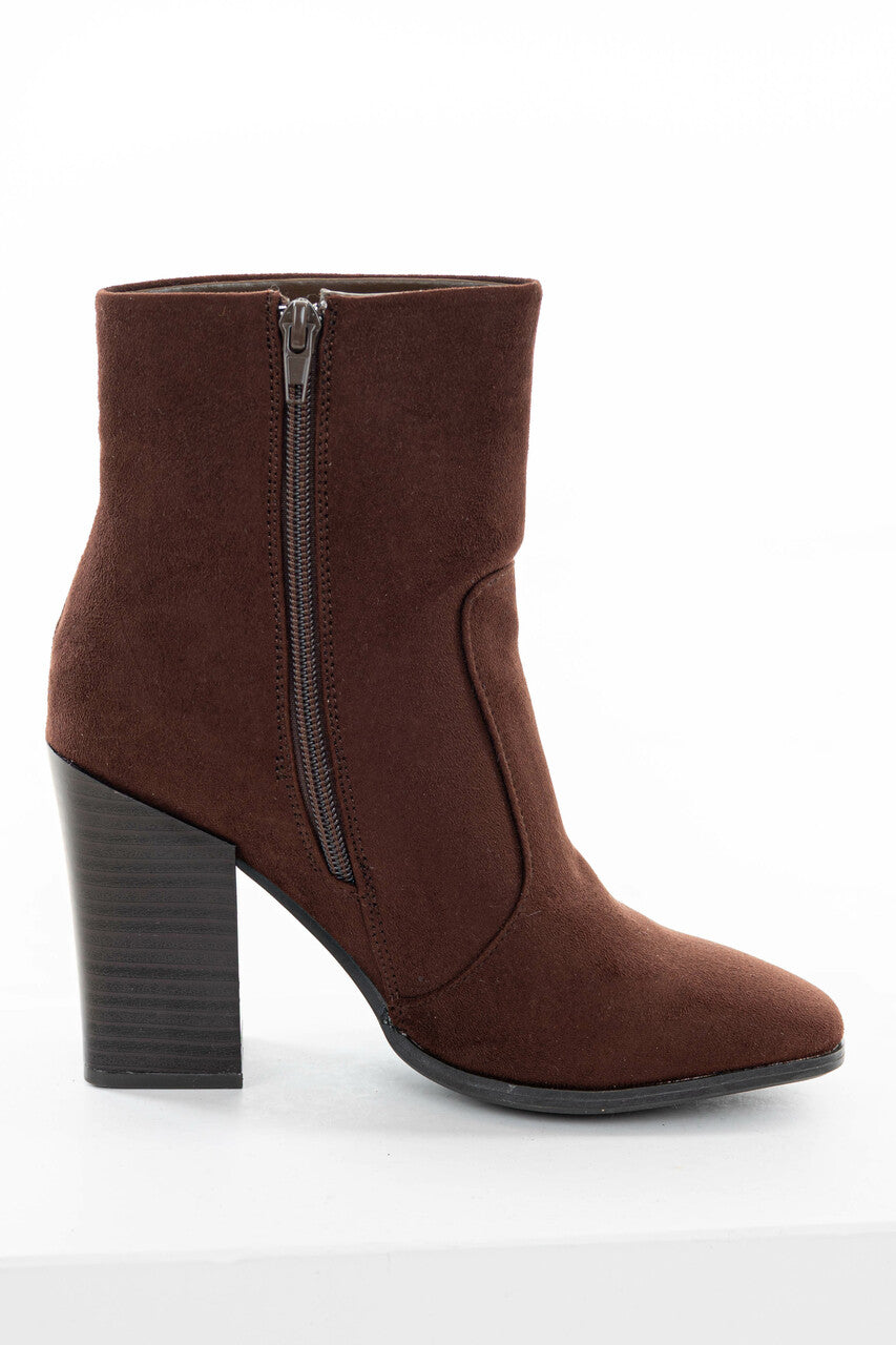 Chocolate Stacked High Heel Faux Suede Booties