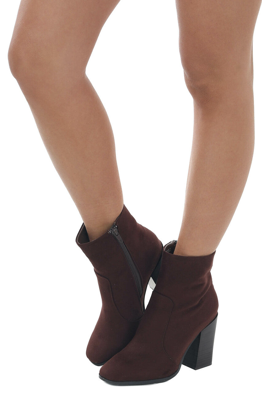 Chocolate Stacked High Heel Faux Suede Booties