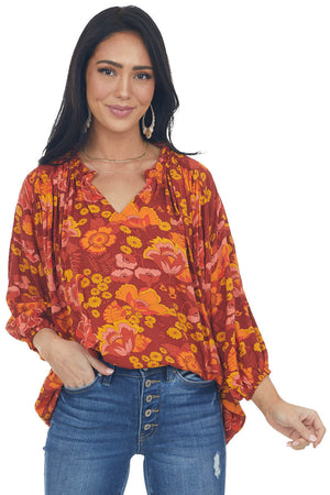 Cinnamon Floral Print Peasant Style Blouse