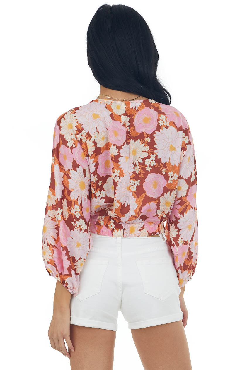 Cinnamon Floral Print Tie Front Cropped Blouse 