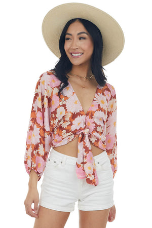 Cinnamon Floral Print Tie Front Cropped Blouse 