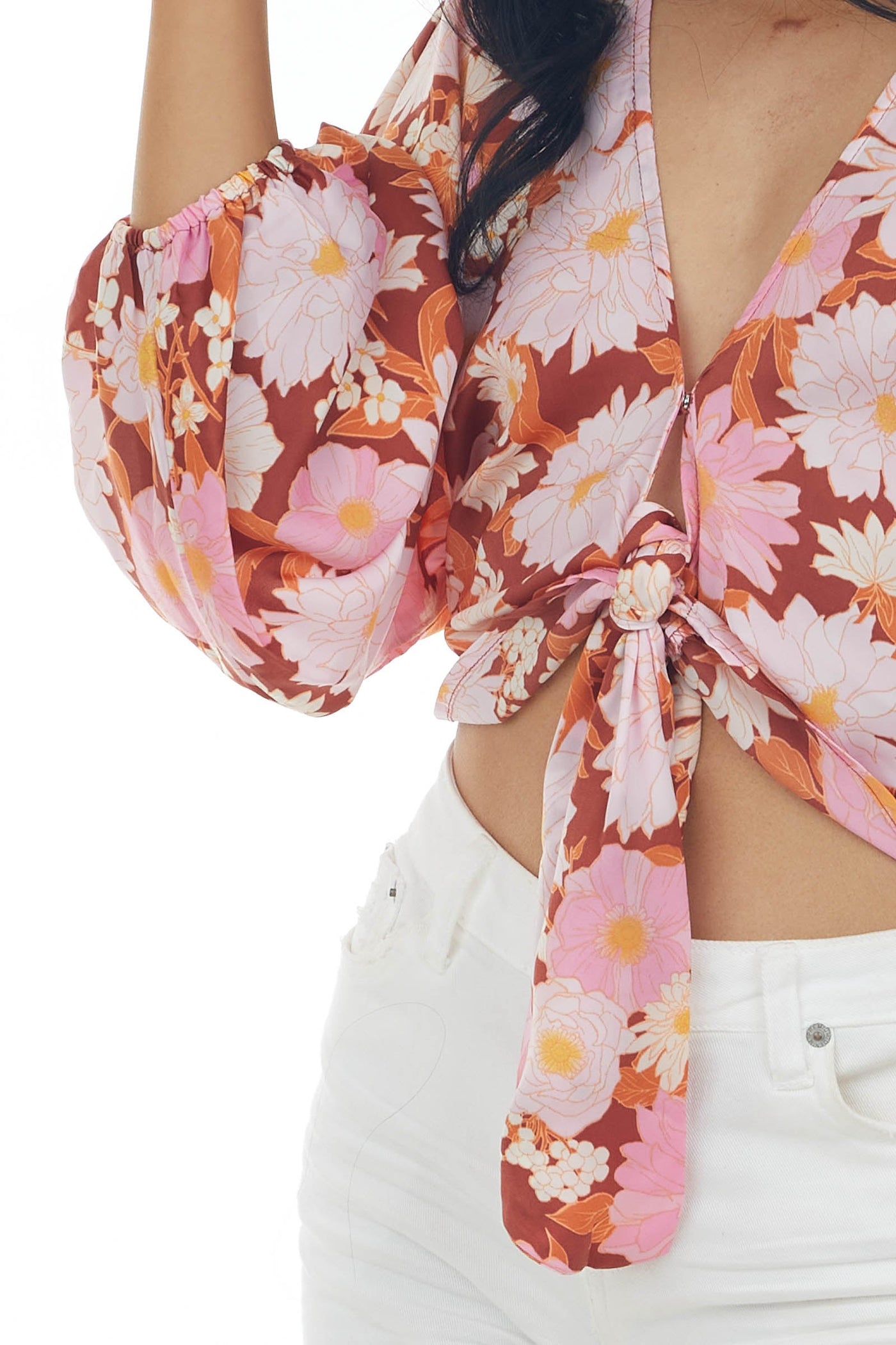 Cinnamon Floral Print Tie Front Cropped Blouse 