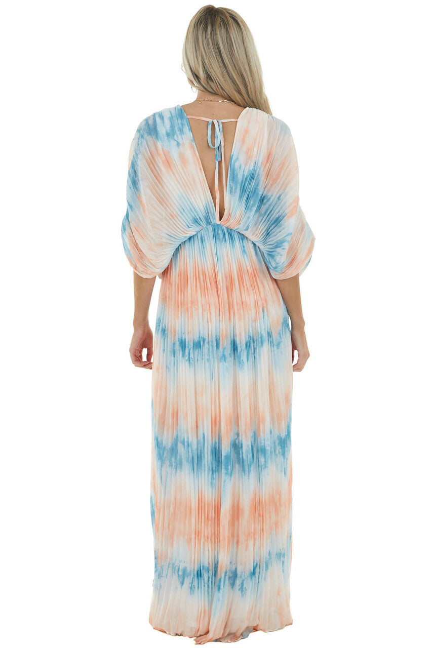 Cobalt and Salmon Tie Dye Pleated Woven Maxi Dress