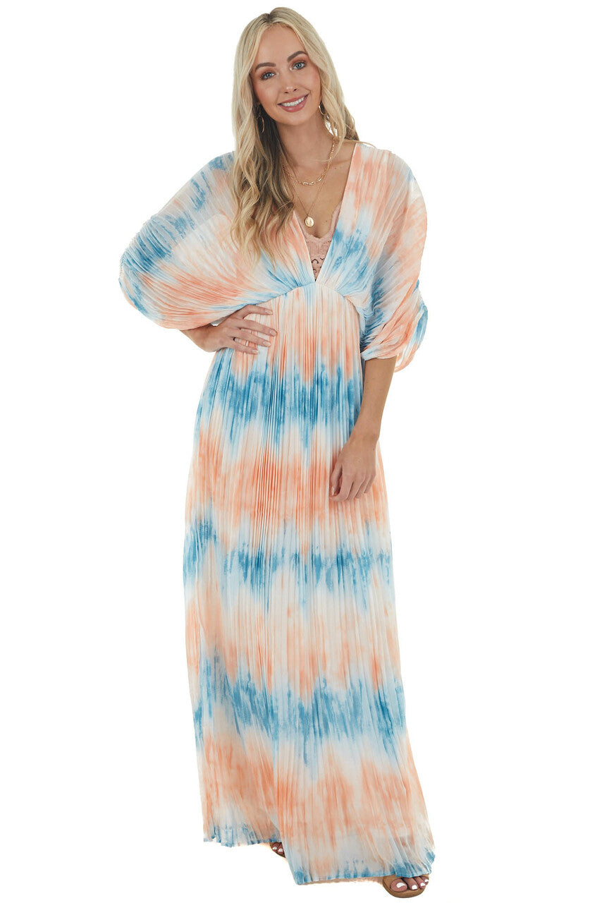 Cobalt and Salmon Tie Dye Pleated Woven Maxi Dress