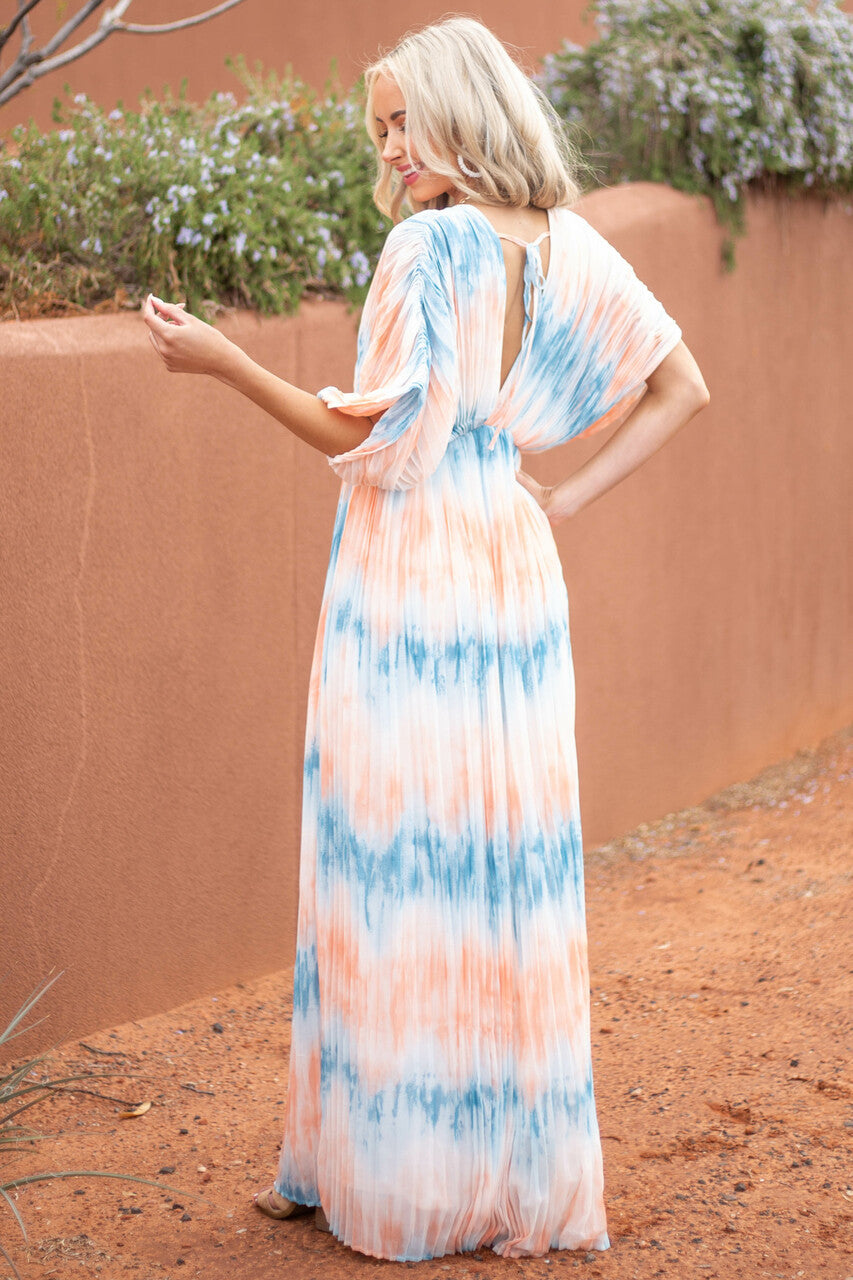 Cobalt and Salmon Tie Dye Pleated Woven Maxi Dress