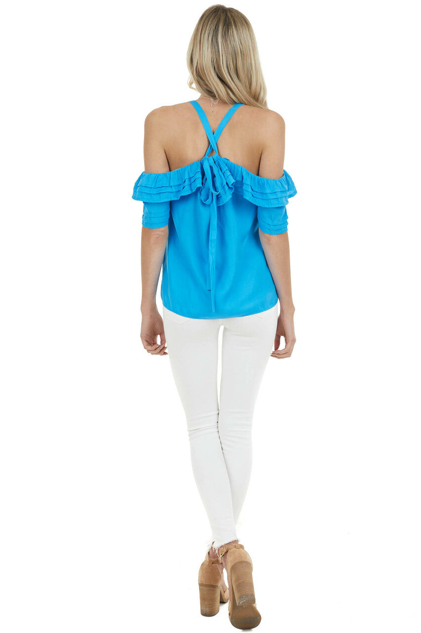 Cobalt Blue Cold Shoulder Blouse with Ruffle Detail