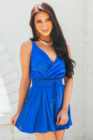 Cobalt Blue Surplice Smocked Satin Romper