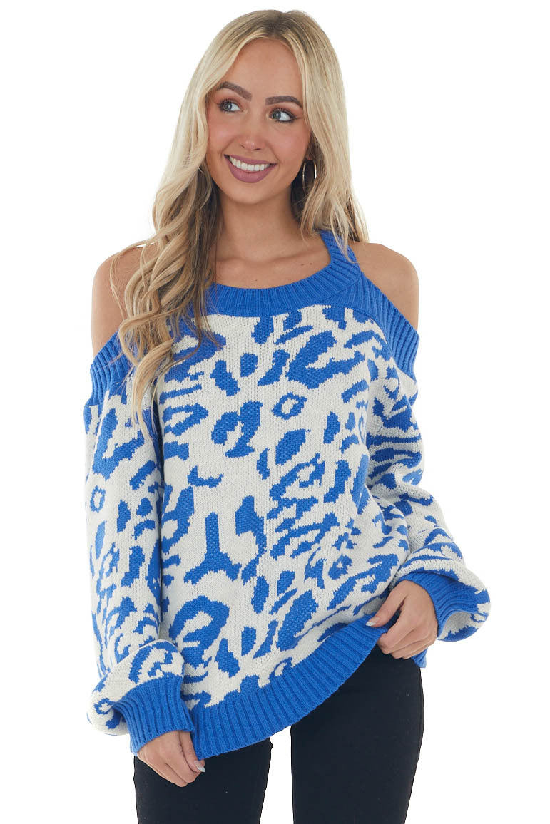 Cobalt Blue Leopard Print Cold Shoulder Sweater