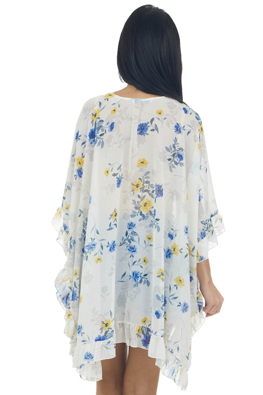 Coconut Floral Print Ruffle Trim Kimono