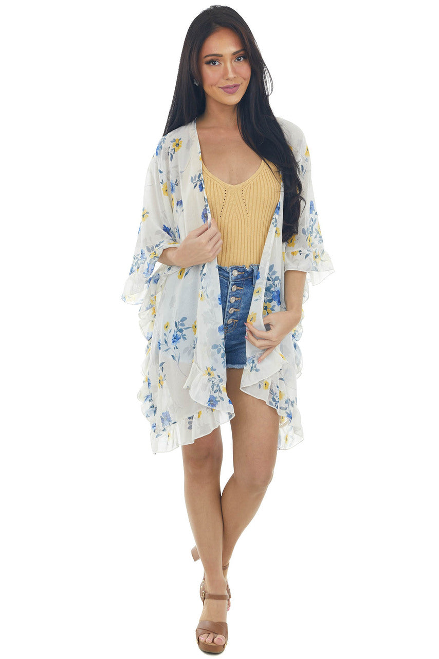 Coconut Floral Print Ruffle Trim Kimono