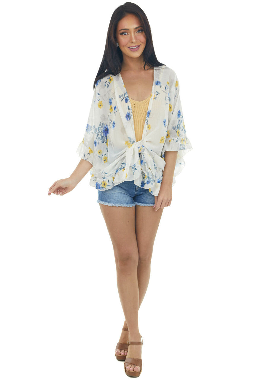 Coconut Floral Print Ruffle Trim Kimono
