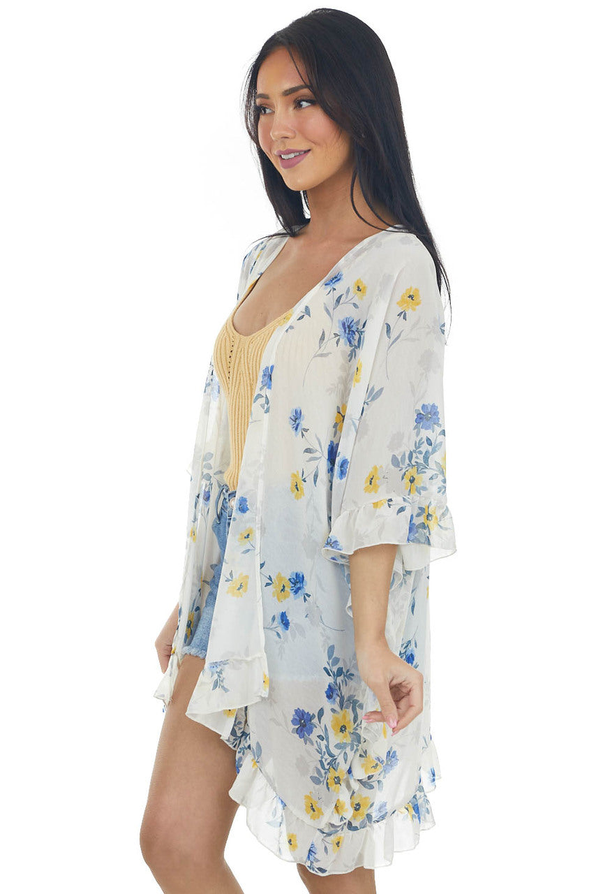 Coconut Floral Print Ruffle Trim Kimono