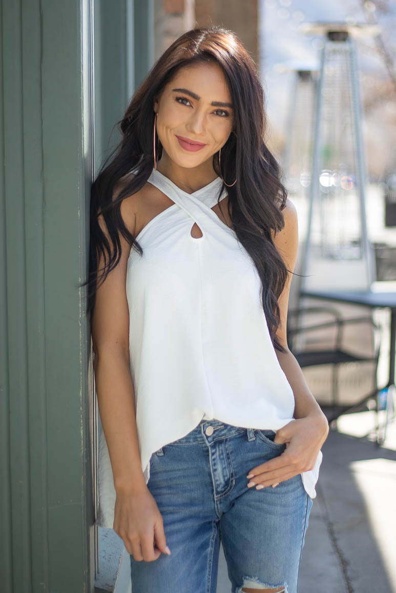Coconut Sleeveless Criss Cross Halter Neckline Woven Top