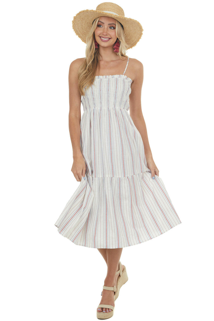 Coconut Striped Smocked Bodice Tiered Dress