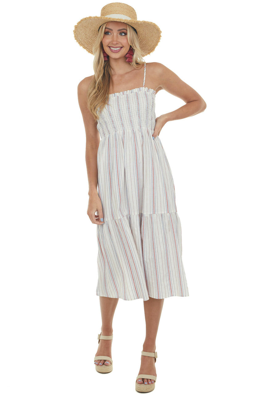 Coconut Striped Smocked Bodice Tiered Dress