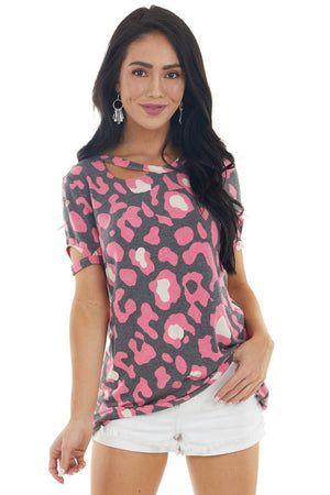 Pink and Charcoal Leopard Print Knit Tee with Cut Out Sleeve