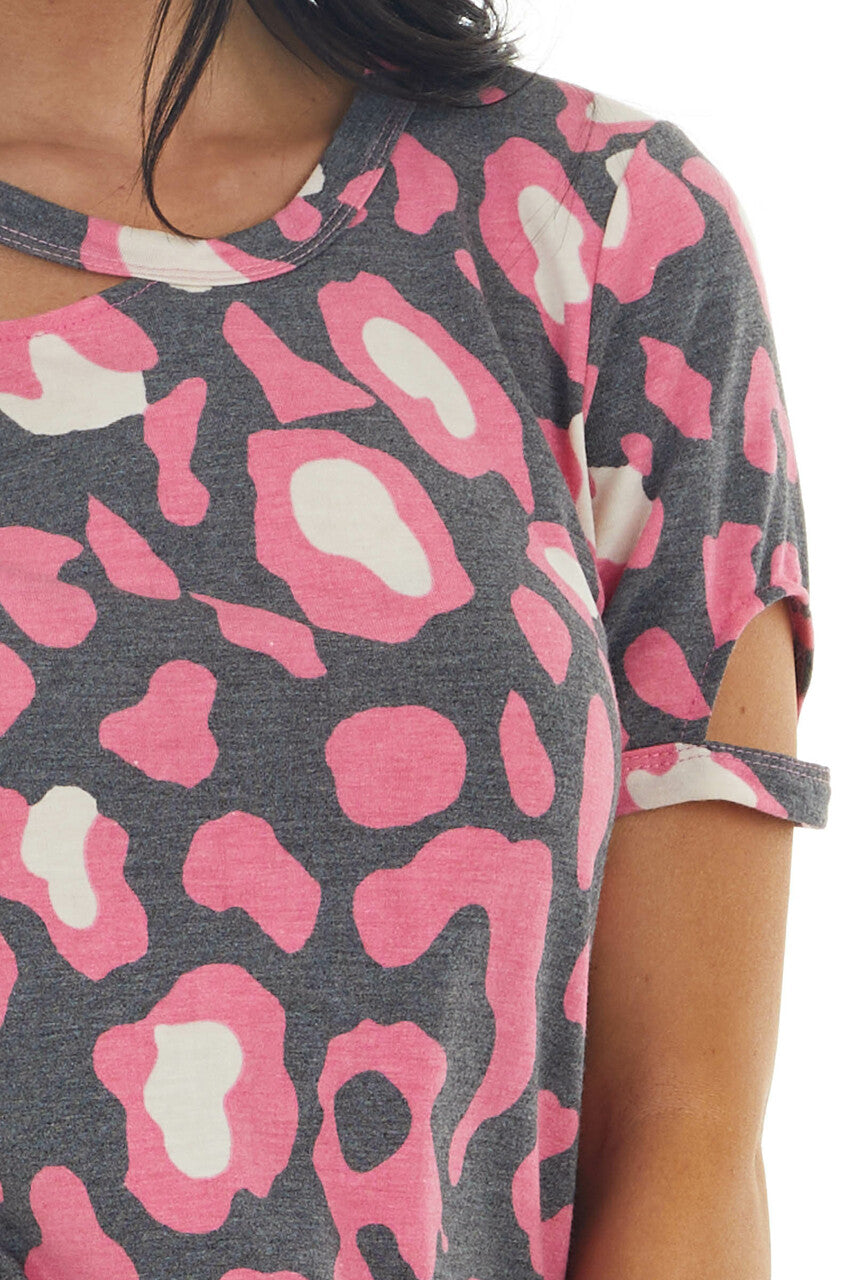 Pink and Charcoal Leopard Print Knit Tee with Cut Out Sleeve