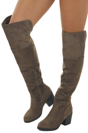 Coffee Faux Suede Over the Knee Heeled Boots