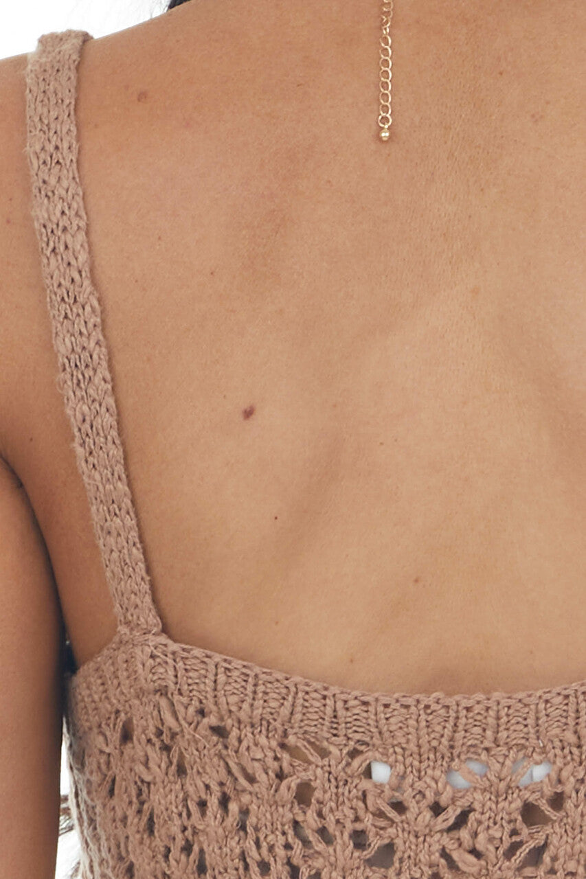 Coffee Sleeveless Ribbed Hem Crochet Knit Top