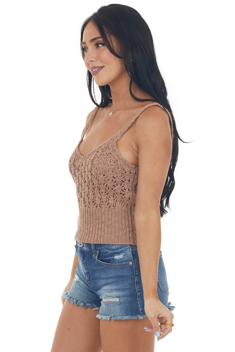 Coffee Sleeveless Ribbed Hem Crochet Knit Top