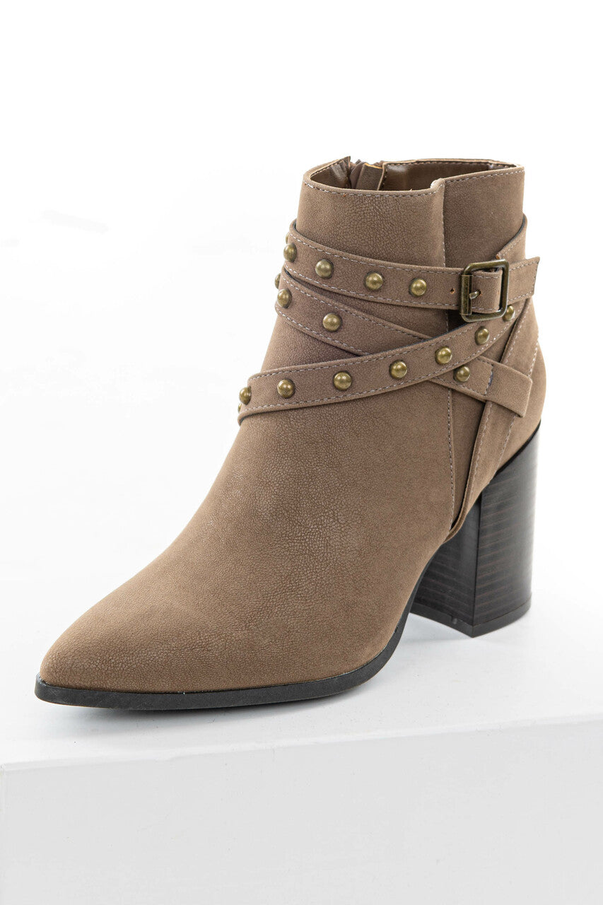 Coffee Strappy Studded Pointed Toe Booties