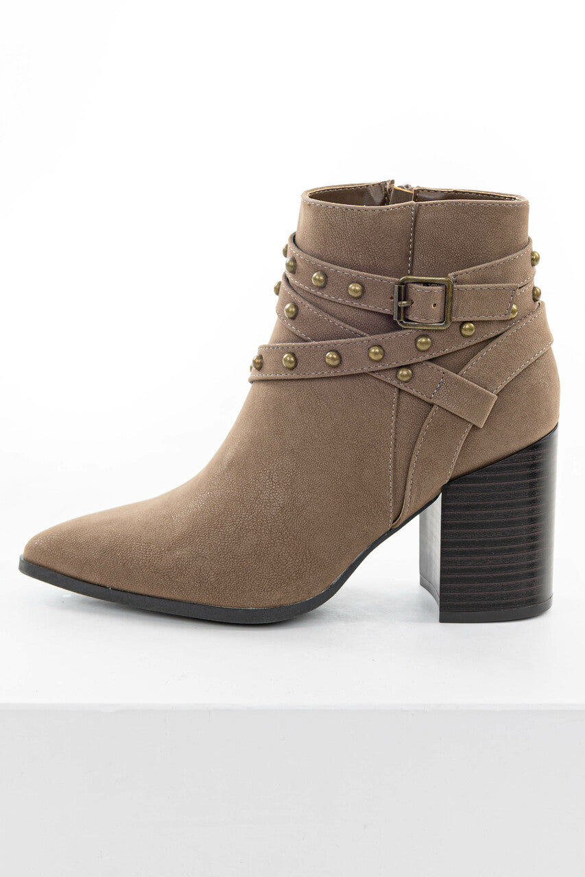Coffee Strappy Studded Pointed Toe Booties