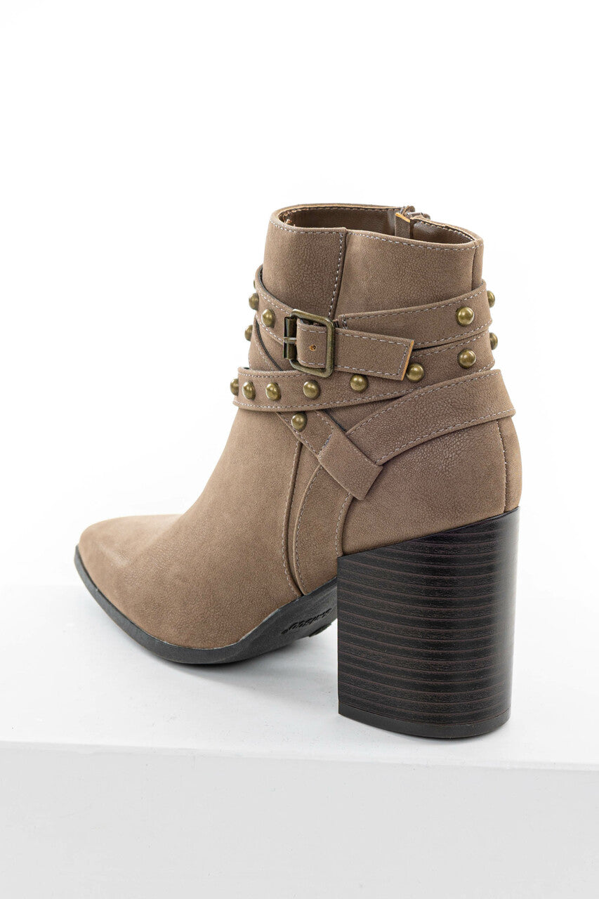 Coffee Strappy Studded Pointed Toe Booties