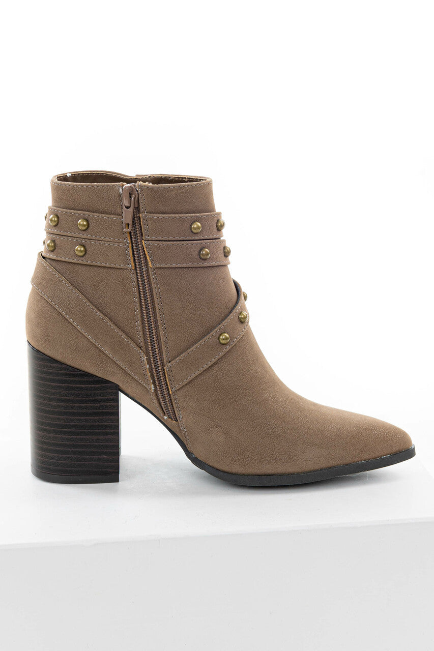 Coffee Strappy Studded Pointed Toe Booties