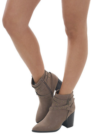 Coffee Strappy Studded Pointed Toe Booties
