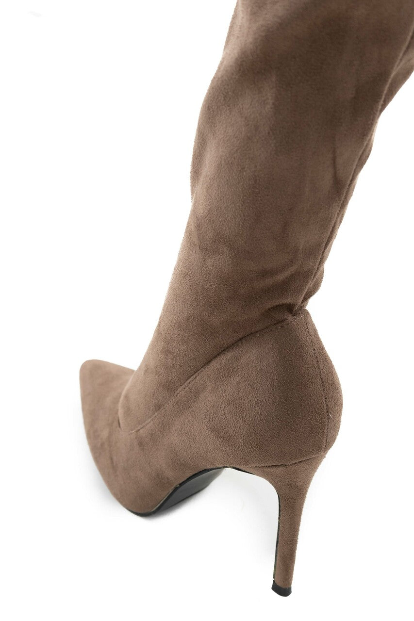 Coffee Suede Stiletto Heel Thigh High Boots