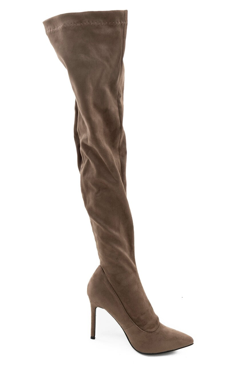 Coffee Suede Stiletto Heel Thigh High Boots