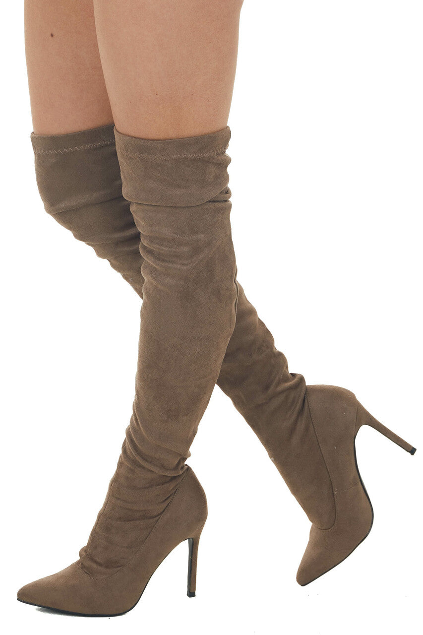 Coffee Suede Stiletto Heel Thigh High Boots