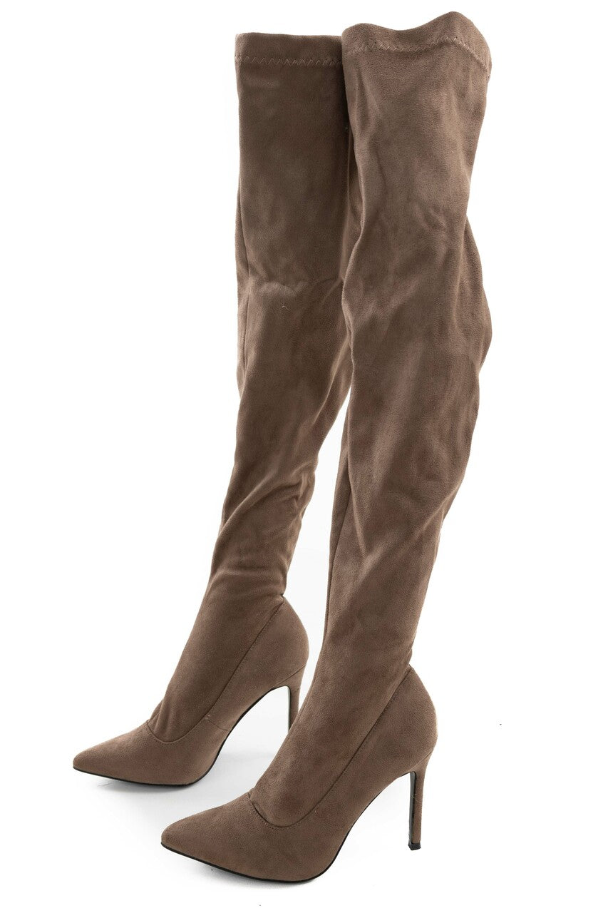 Coffee Suede Stiletto Heel Thigh High Boots
