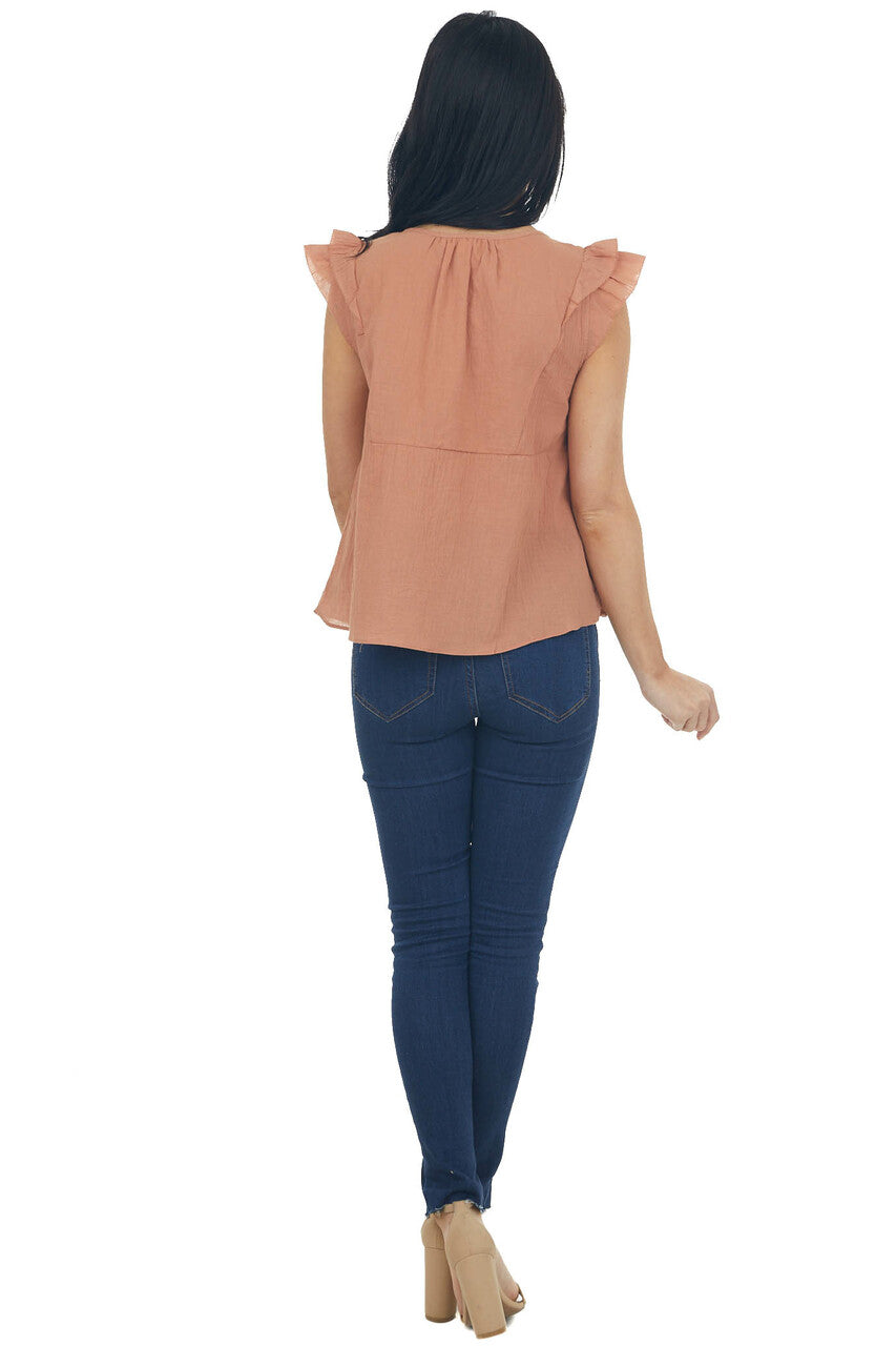 Cognac Cap Sleeve Notch Neckline Top with Pintuck Detail