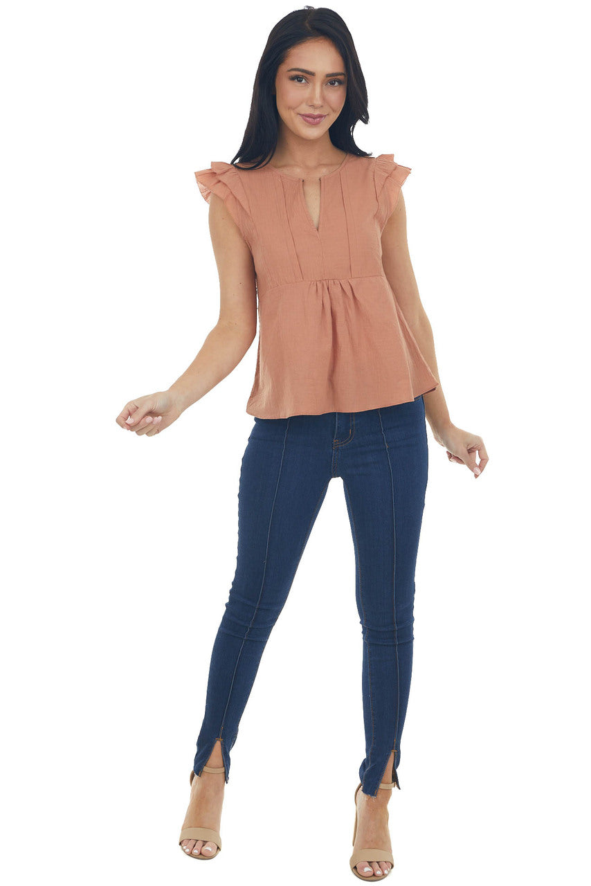 Cognac Cap Sleeve Notch Neckline Top with Pintuck Detail