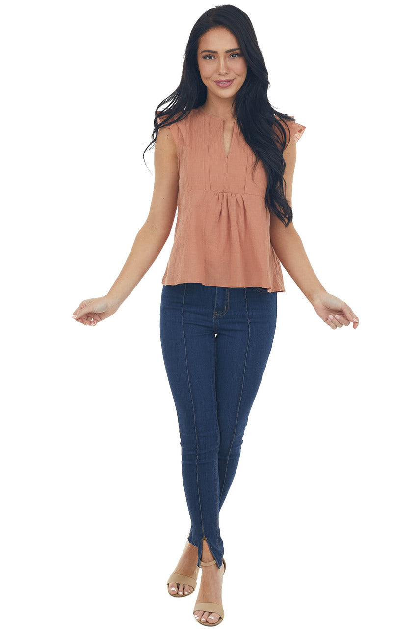 Cognac Cap Sleeve Notch Neckline Top with Pintuck Detail