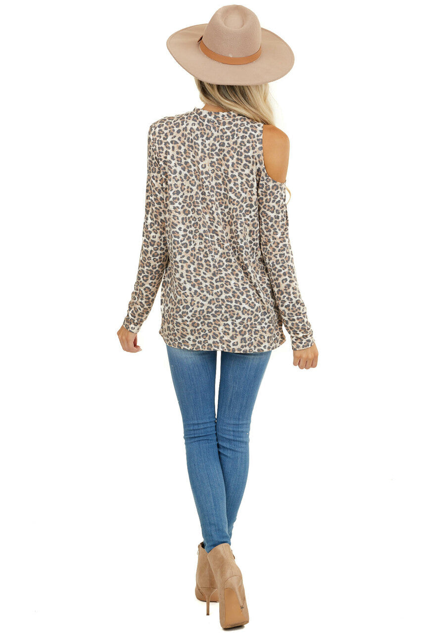Cognac Leopard Print Cold Shoulder Long Sleeve Knit Top 