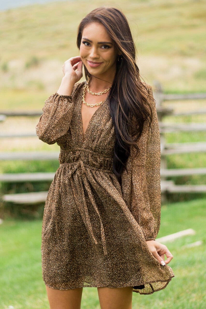 Cognac Leopard Print Deep V Neck Mini Dress