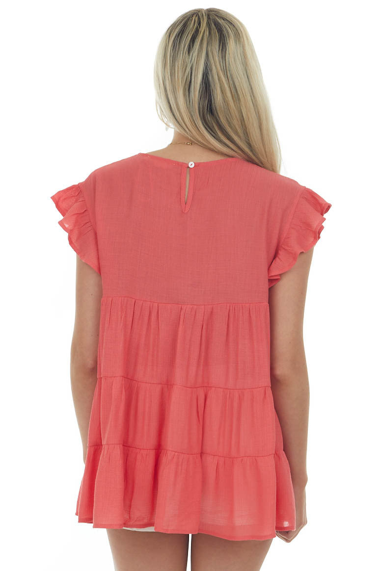 Coral Babydoll Tiered Ruffle Sleeve Blouse