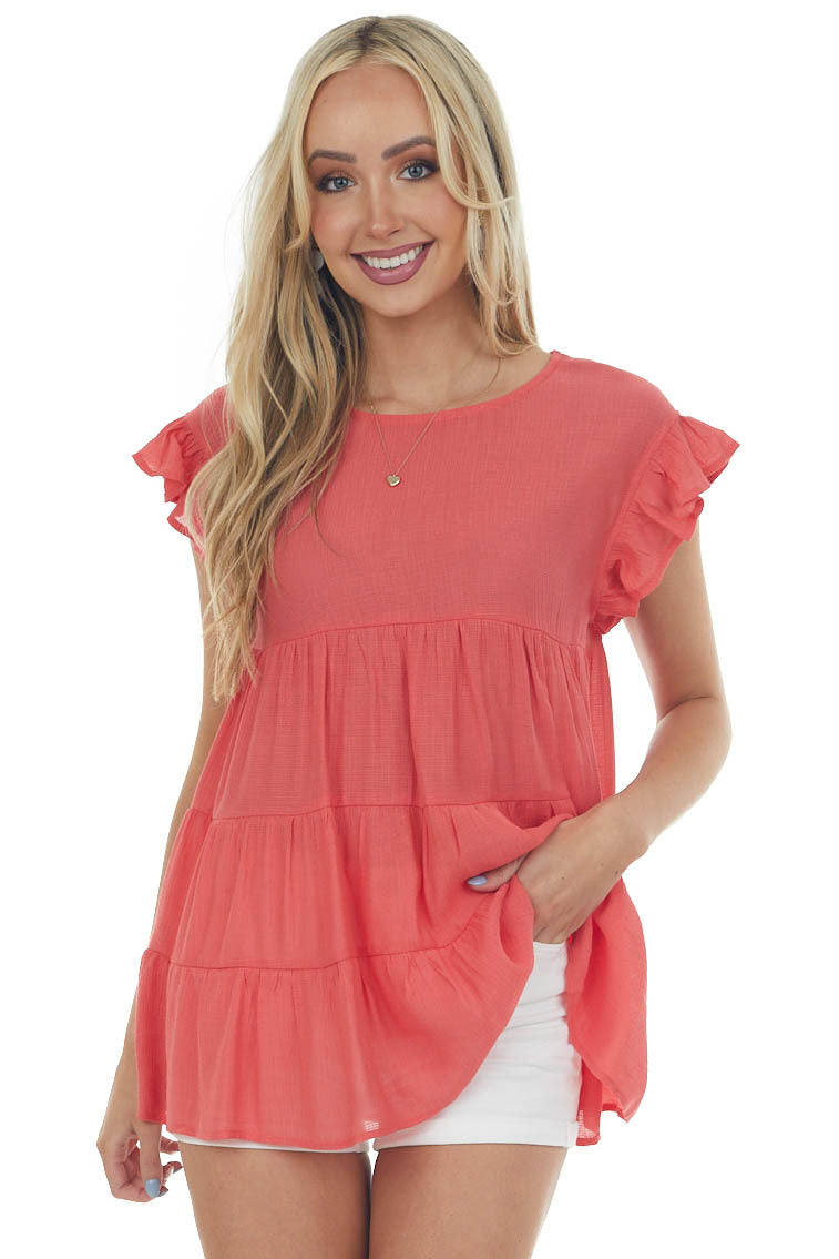 Coral Babydoll Tiered Ruffle Sleeve Blouse
